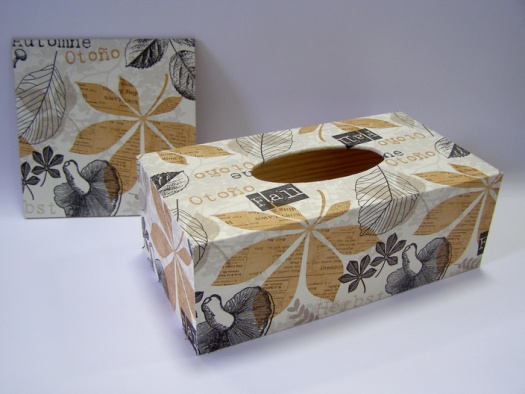 Sada - krabice na kapesníky a obrázek - Hnědé listy