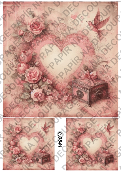 Rýžový papír A4 pro tvoření - Vintage srdce - KB0541