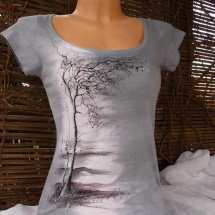 Malované tričko , šedé s malbou stromku