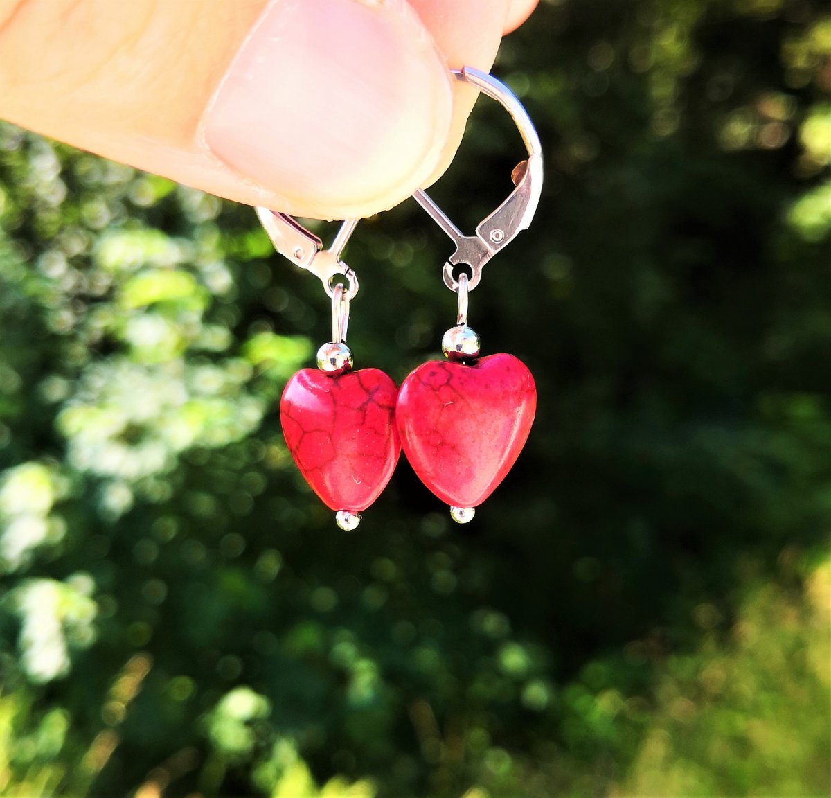 Náušnice*srdce*červený tyrkenit*chir. ocel
