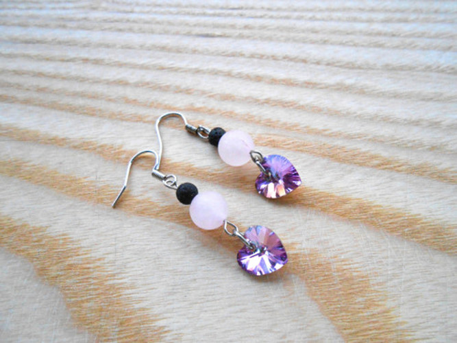 Náušnice - Swarovski srdíčka, růženín a láva (43/18)