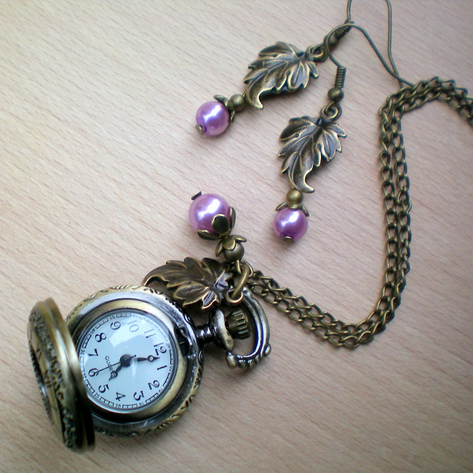 Bronzové vintage styl hodinky s lístkem - souprava