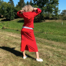 Červená sukně s kapsami dlouhá