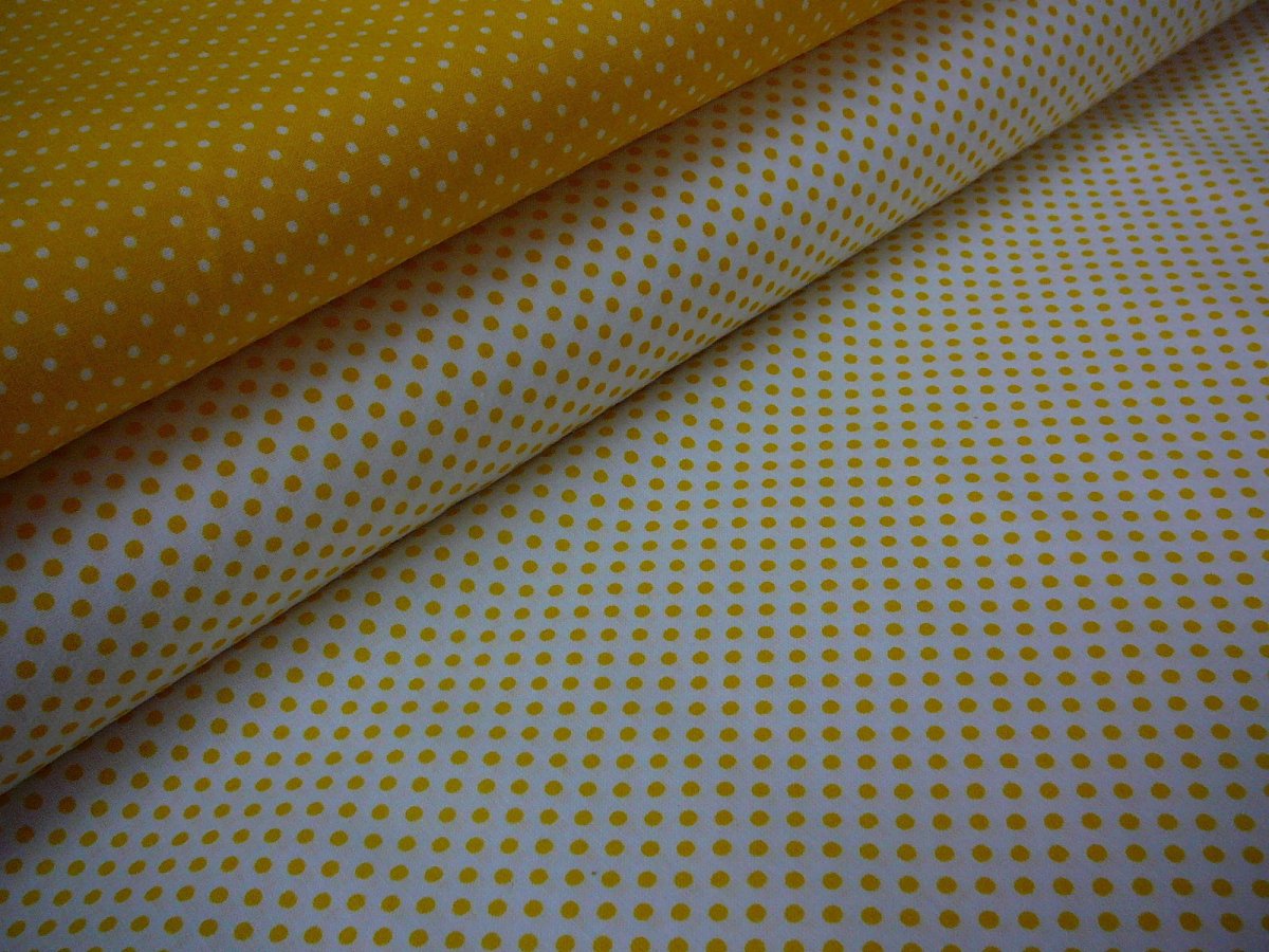 Bavlněná látka - metráž - žlutý puntíček na bílé - š. 150 cm