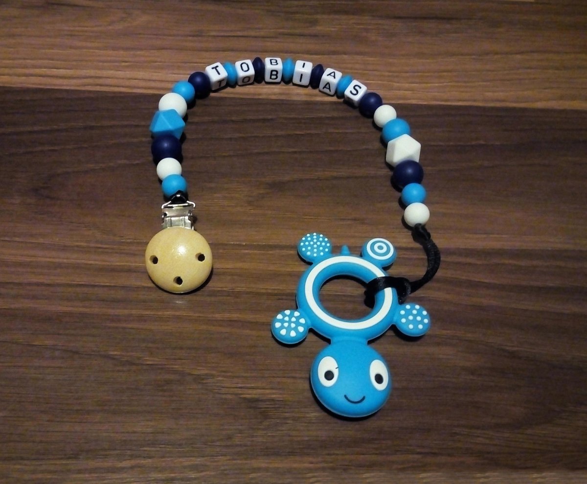 Silikonové kousátko se jménem modré 2v1