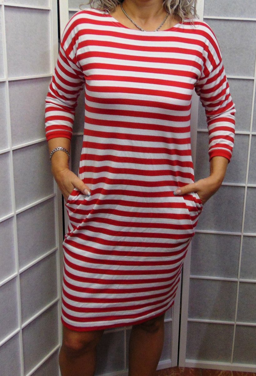 Šaty s kapsami - červeno-bílé pruhy (bavlna)