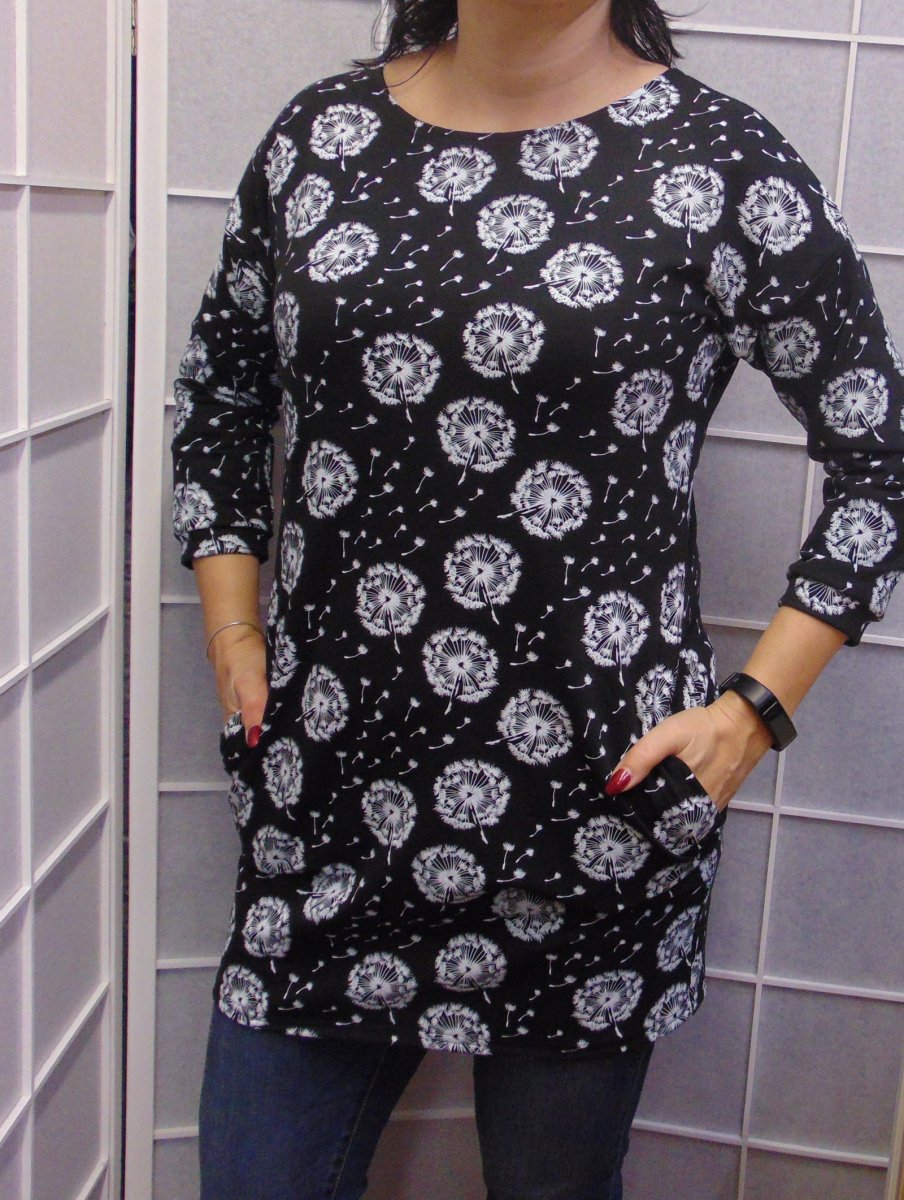 Tunika s kapsami - pampelišky na černé (teplákovina)