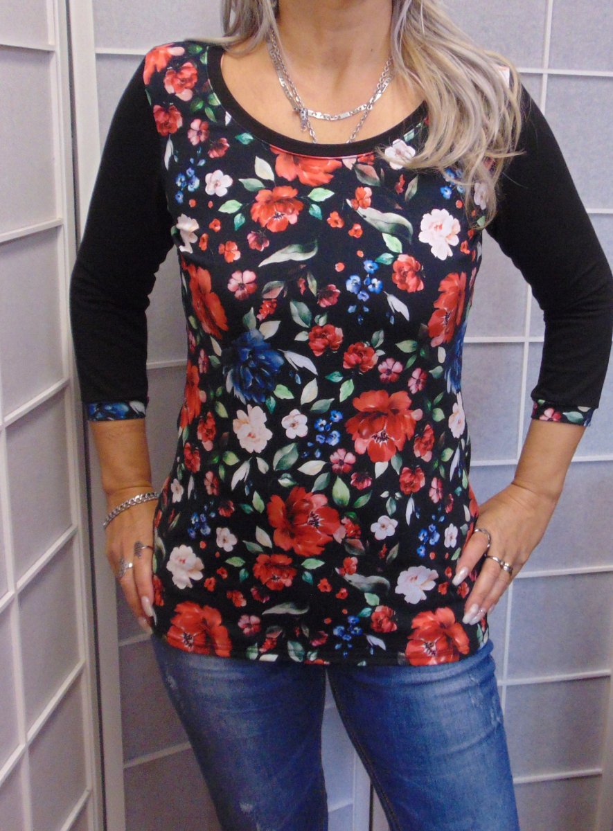 Tričko s 3/4 rukávem - květy (bavlna)