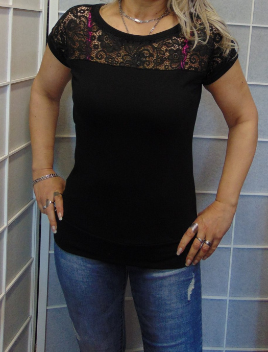 Tričko s krajkovým sedlem - barva černá (bavlna)