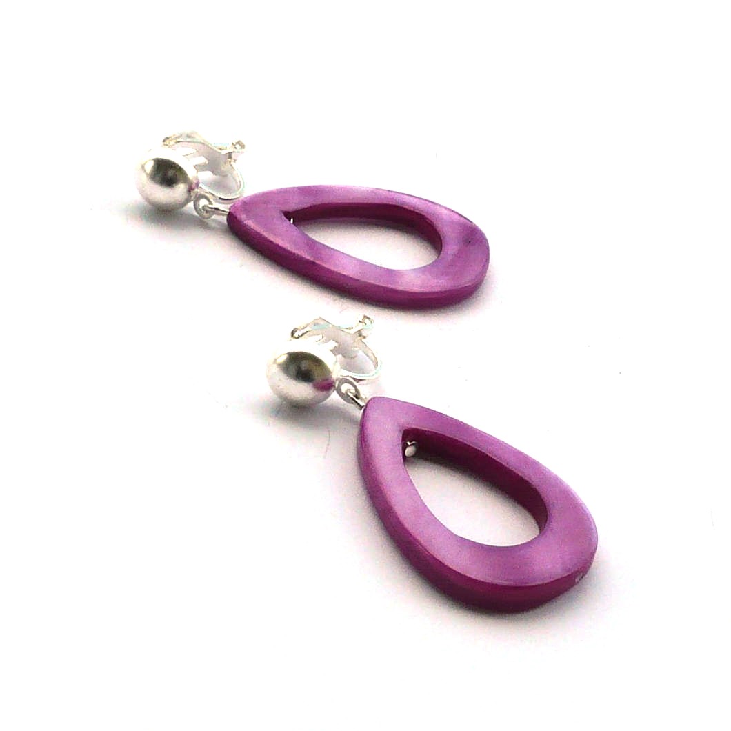 Fialové perleťové kapky - klipsové náušnice