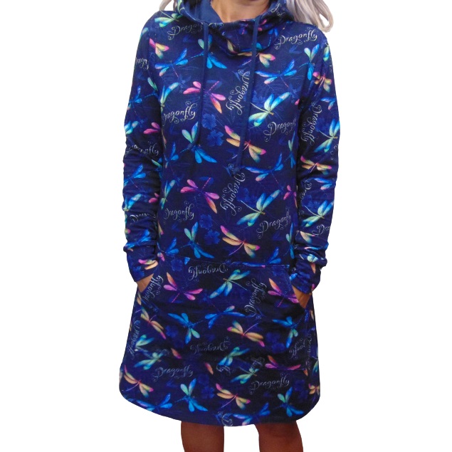 Mikinové šaty s kapucí - barevné vážky S - XXXL