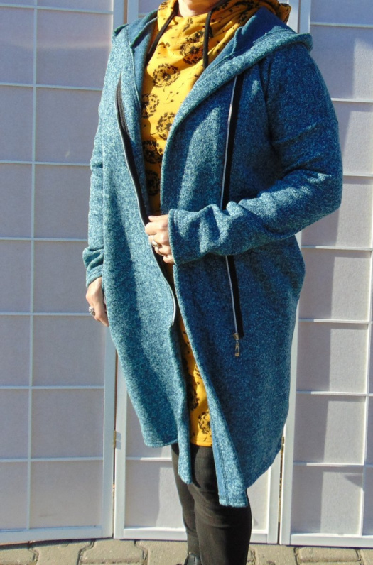 Svetro-přehoz s kapucí na zip - barva mentol s tmavě modrým melírem S - XXL