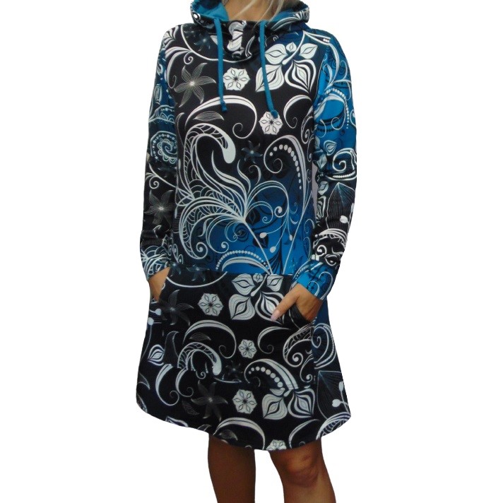 Mikinové šaty s kapucí - velký květ S - XXXL