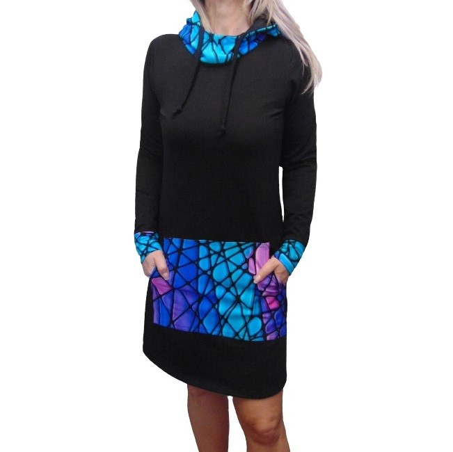 Mikinové šaty s kapucí - černé/mozaika S - XXXL