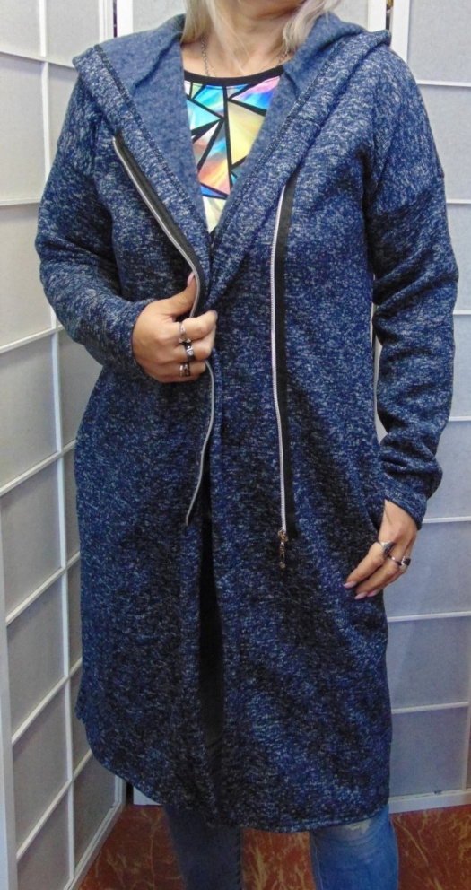Svetro-přehoz s kapucí na zip - barva tmavě modrá s šedým melírem S - XXL