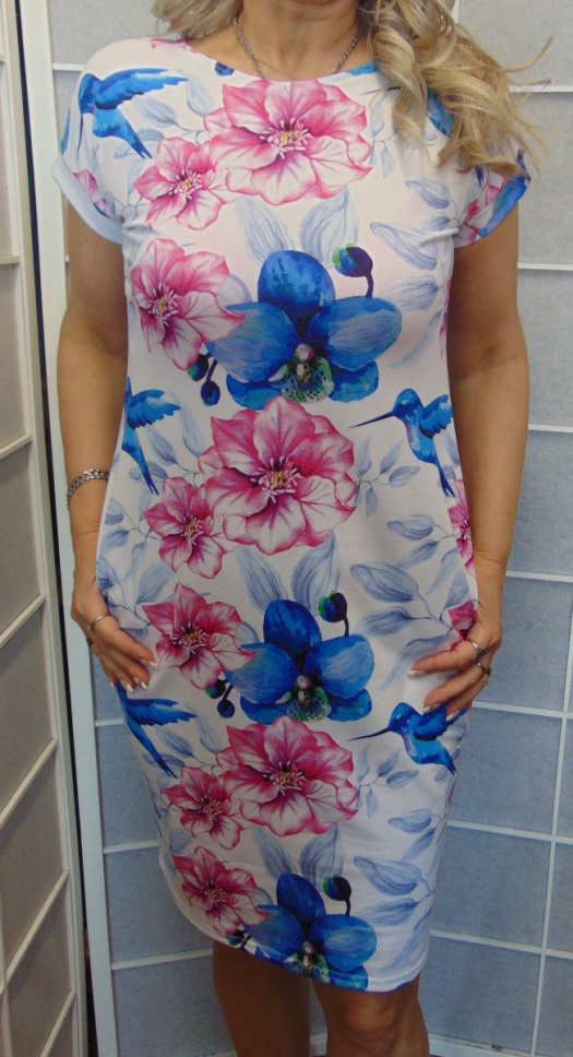 Šaty s kapsami - květy a kolibříci (bavlna)