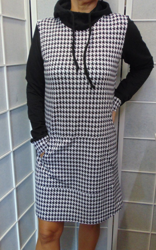 Mikinové šaty s kapucí - kohoutí stopa, velikost XL (teplákovina)