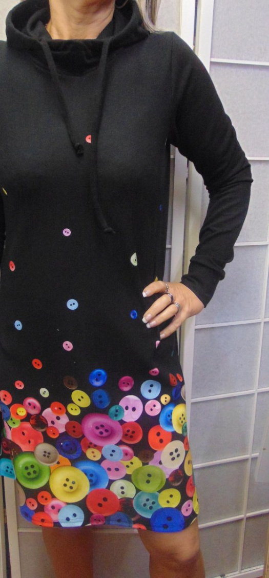 Mikinové šaty s kapucí - barevné knoflíky S - XL