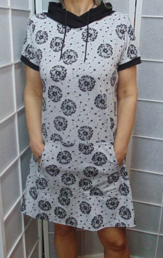 Šaty s kapucí - pampelišky na šedé (bavlna)