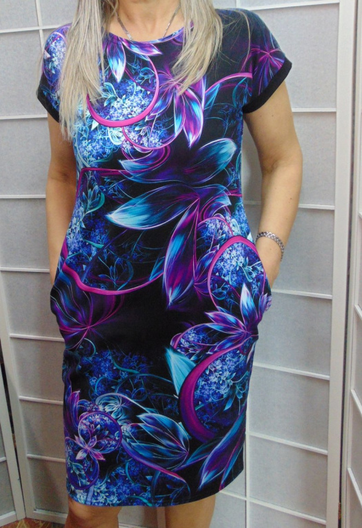 Šaty s kapsami - modrofialová abstrakce (bavlna)