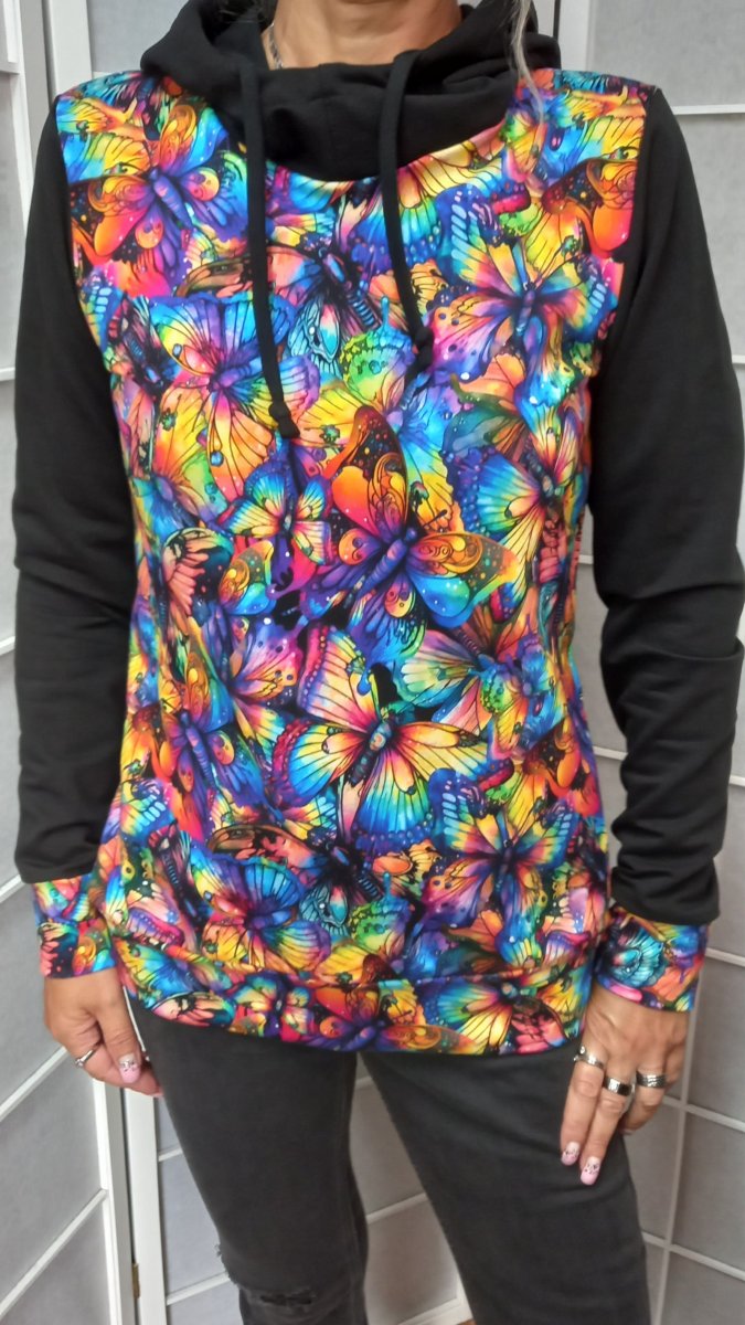 Mikina - barevní motýli KAPUCE/ROLÁK (teplákovina)