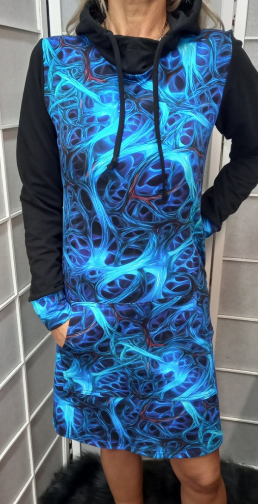 Mikinové šaty s kapucí - modré vlny, velikost S (teplákovina)