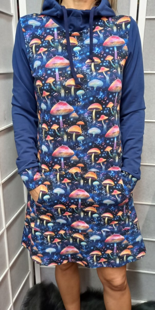 Mikinové šaty s kapucí - houbičky S - XXXL