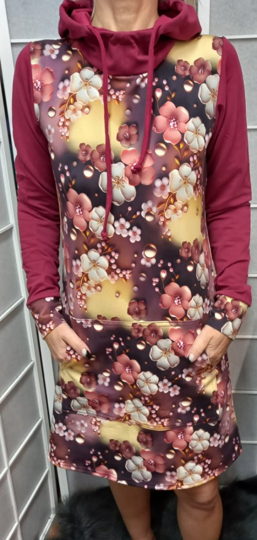 Mikinové šaty s kapucí - květy s vínovou S - XXXL