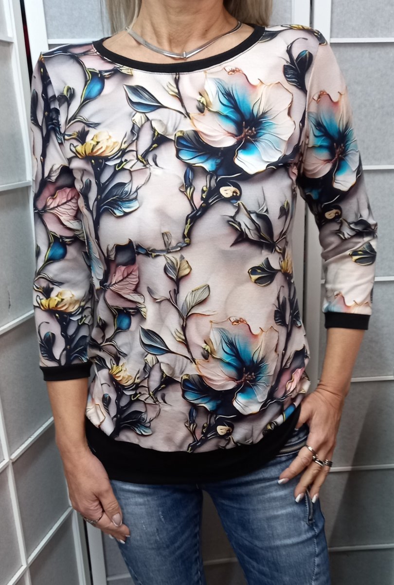 Mikina s 3/4 rukávem - porcelánový květ (teplákovina)