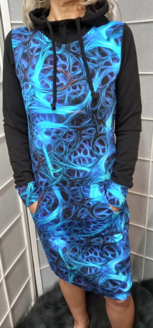 Mikinové šaty s kapucí - modré vlny S - XXXL