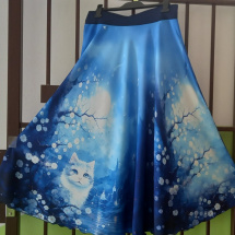 Dlouhá půlkolová sukně - kočka (umělé hedvábí)