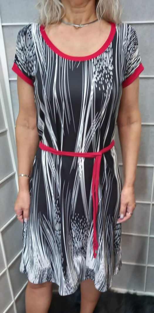 Šaty s páskem - černobílé s červenou (umělé hedvábí)