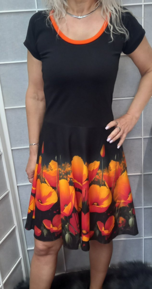 Šaty s půlkolovou sukní - oranžové máky (bavlna)