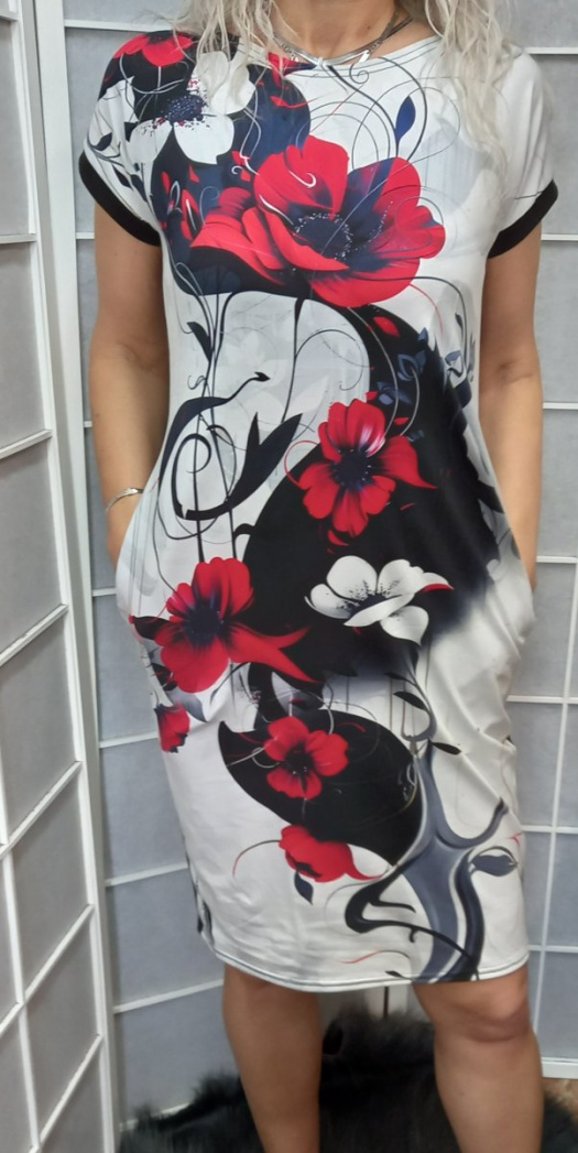 Šaty s kapsami - rudé květy (bavlna)