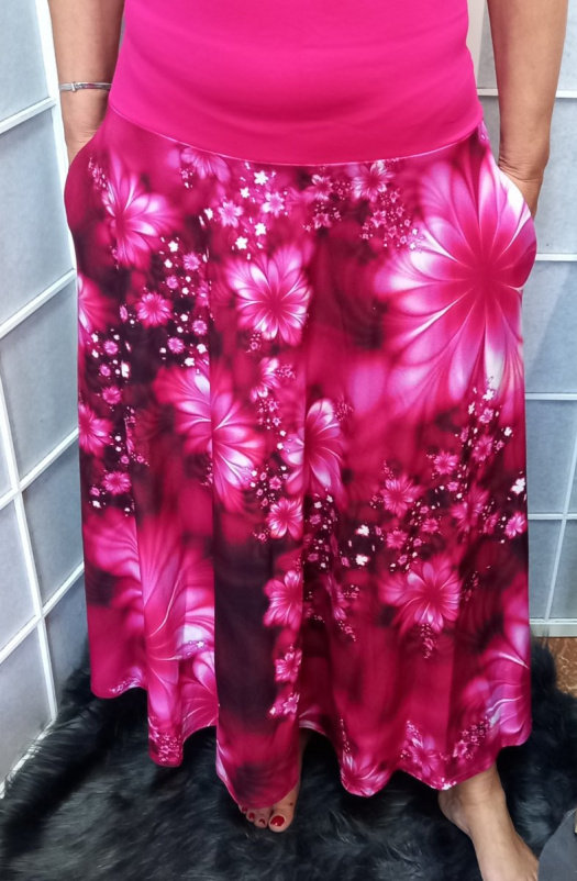 Dlouhá půlkolová sukně s vysokým pasem - růžový abstrakt (viskóza)