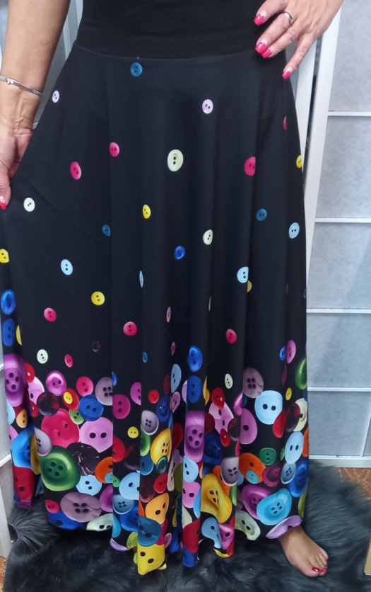 Dlouhá půlkolová sukně - barevné knoflíky (umělé hedvábí)