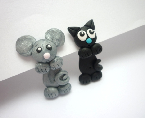 myš a kočička - fimo náušnice skrz ucho - 1pár