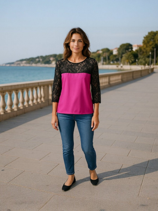 Dámské pink triko s krajkou S/M,M/L