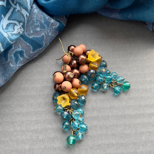 Náušnice hnědo - tyrkysové hrozny