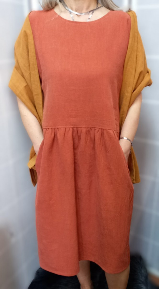 Lněné šaty s kapsami - barva cihlová, velikost 2XL ~ LETNÍ VÝPRODEJ ~