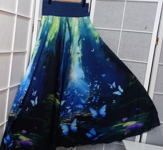 Dlouhá půlkolová sukně - motýli (umělé hedvábí)