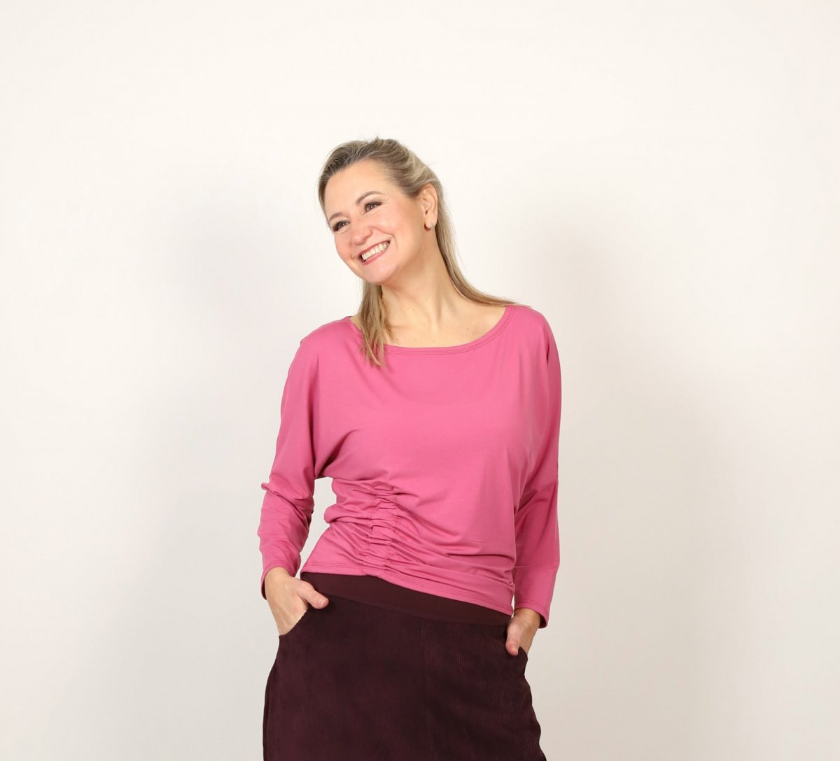 Tunika s nabíráním růžová dlouhý rukáv