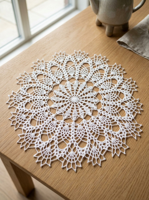 Bílá háčkovaná krajková dečka, průměr 48cm.