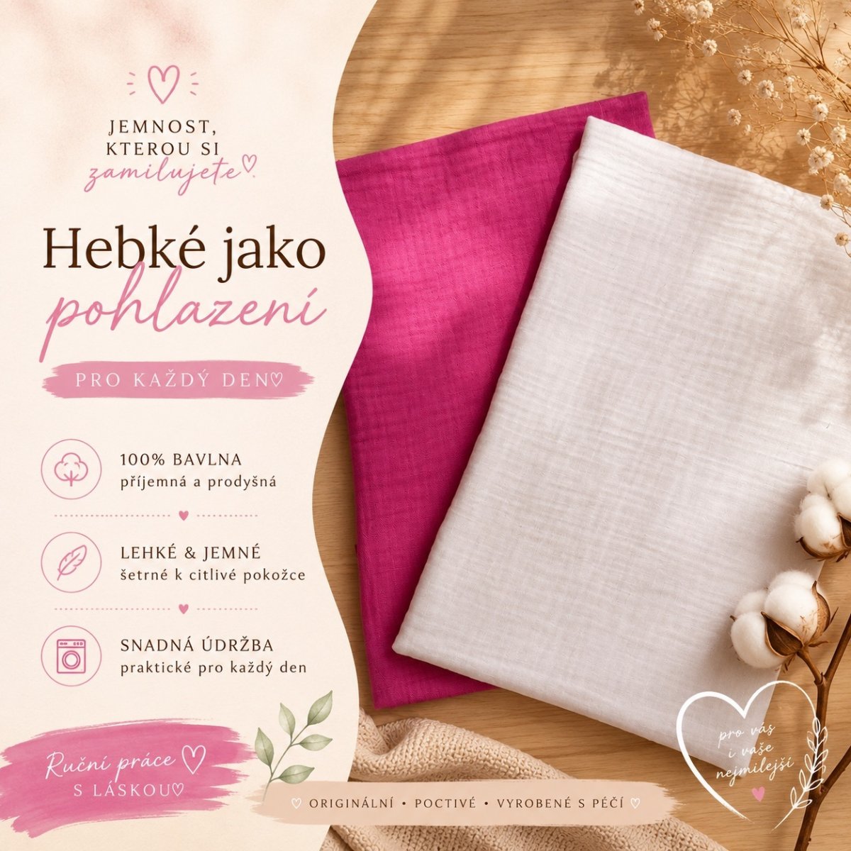 Sada plen - mušelín - barva bílá + růžová