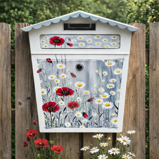 Ručně malovaná poštovní schránka – máky a kopretiny
