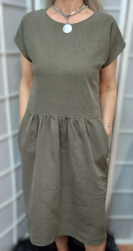 Lněné šaty s kapsami - barva khaki, velikost S/M *S*L*E*V*A*