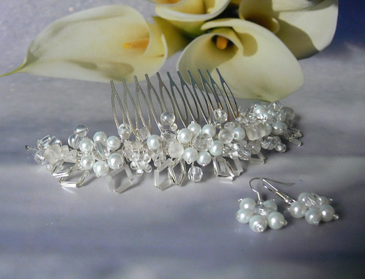 Svatební vlasová ozdoba s perličkami + svatební náušnice