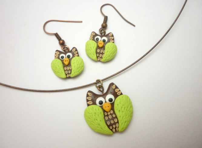 Fimo náušnice + náhrdelník sovy