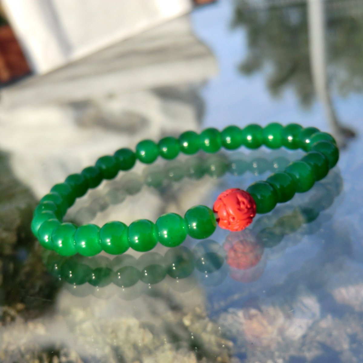 Malajský náramek * Nefrit + kouzelný kámen Rumělka