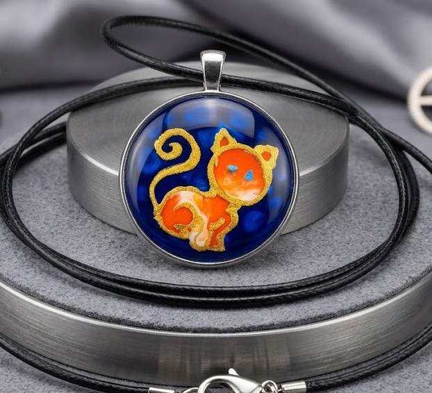 Ručně malovaný skleněný náhrdelník –hravá kočička